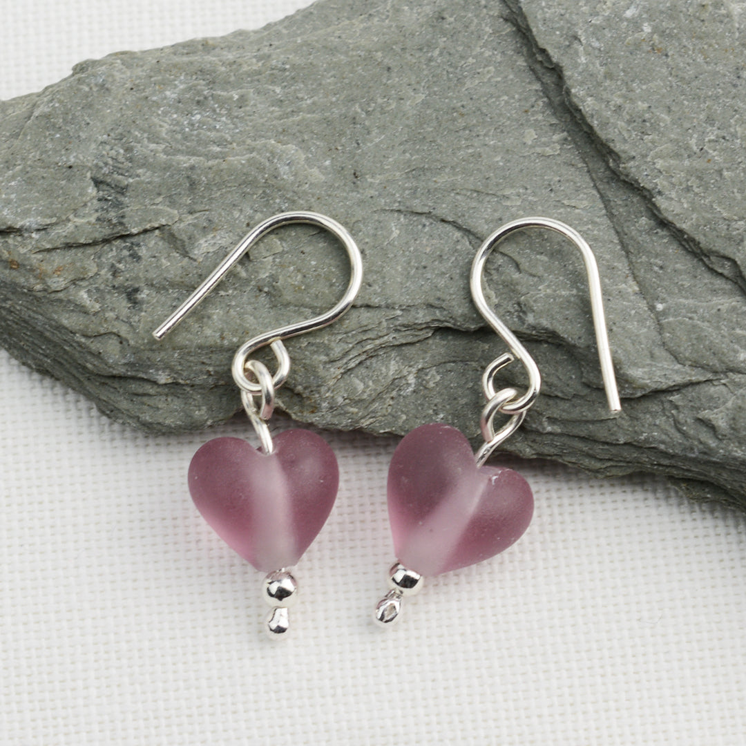 Heart shaped amethyst etched glass beads on silver drop earring hooks