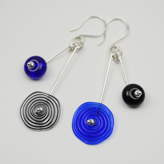 Spiral drop earrings in blue & black