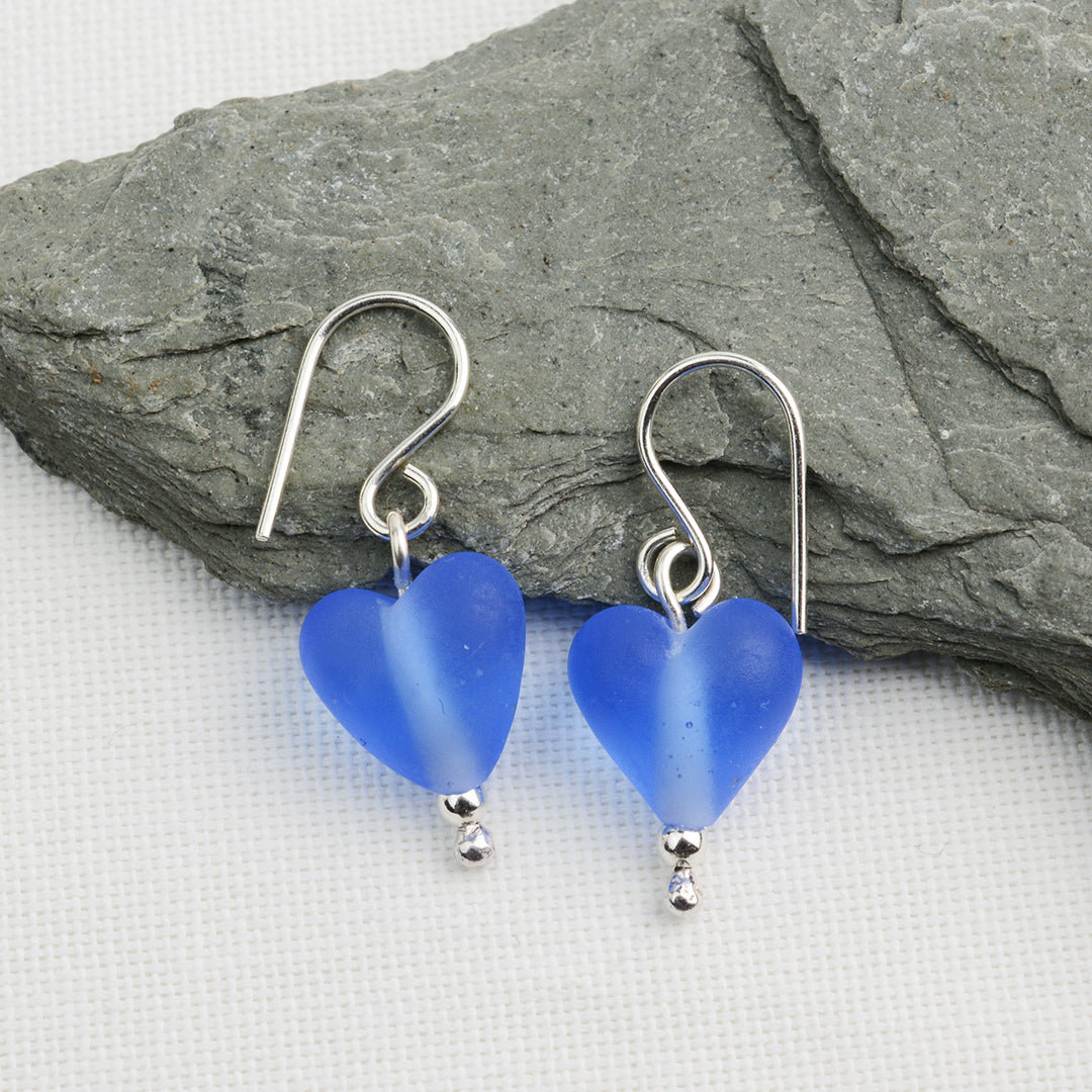 Heart shaped blue etched glass beads on silver drop earring hooks