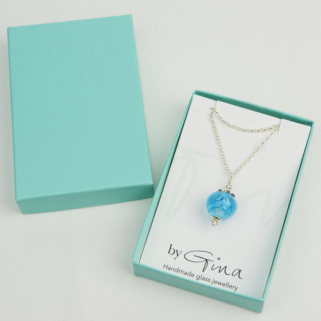 Turquoise glass beads imploded flower pendant on silver chain in turquoise gift box