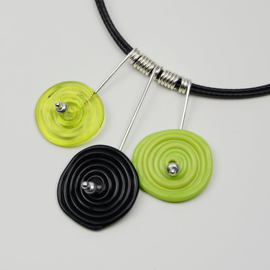 Spiral drop necklace in lime green & black, 3 bead