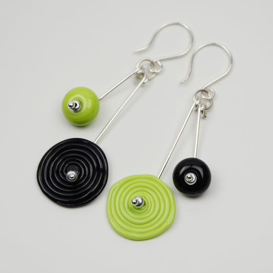 Spiral drop earrings in lime green & black