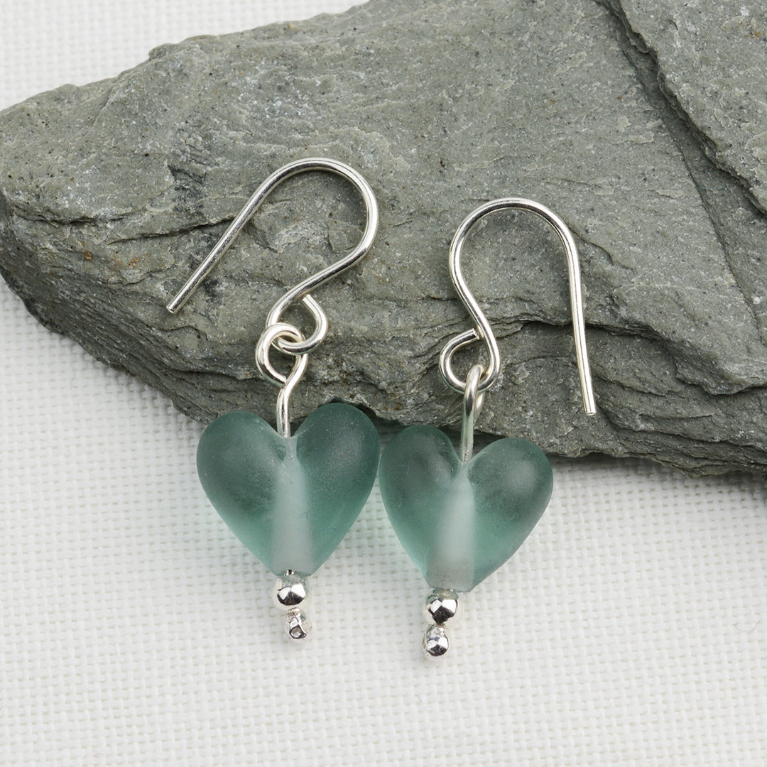 Heart shaped slate grey etched glass beads on silver drop earring hooks