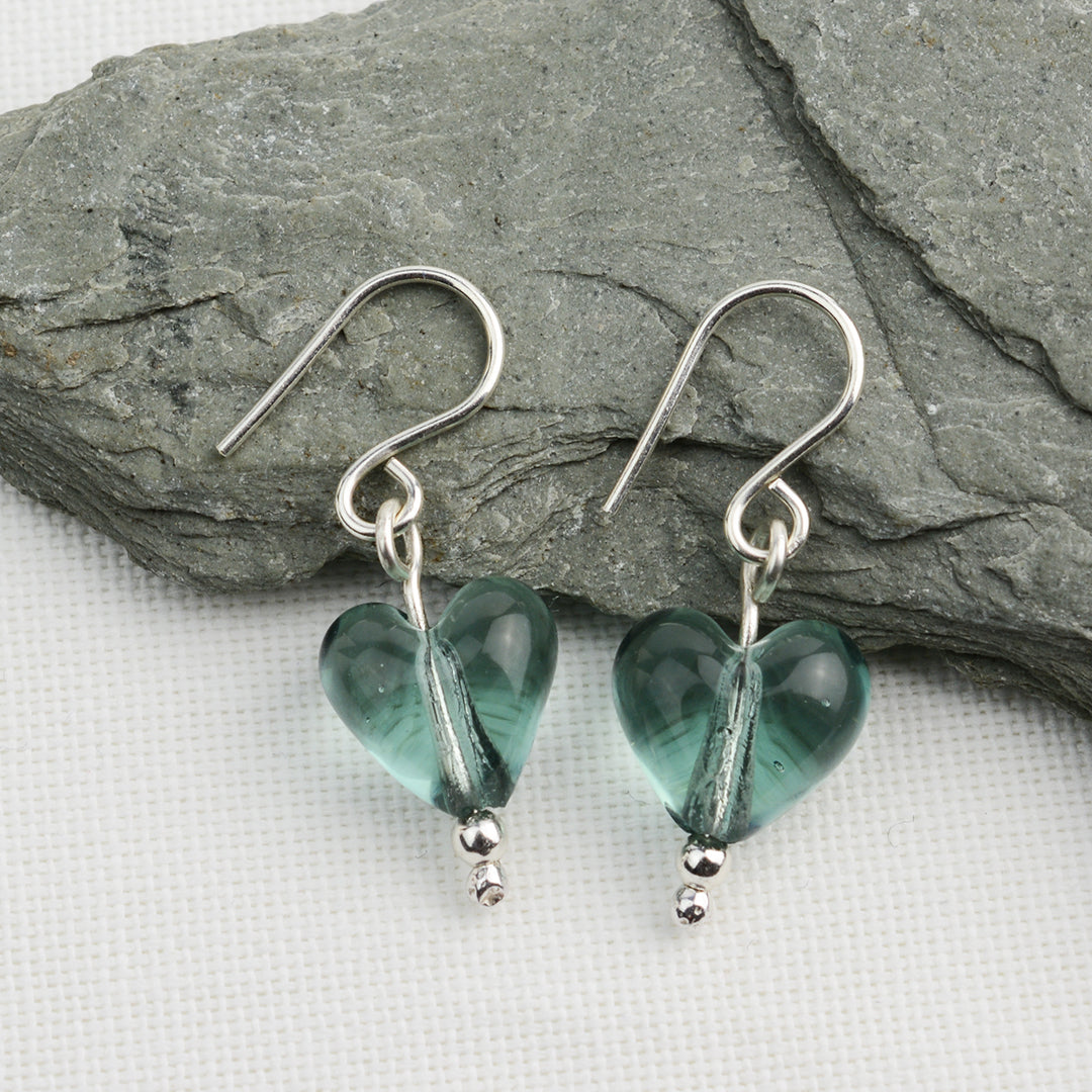 Heart shaped slate grey glass beads on silver drop earring hooks