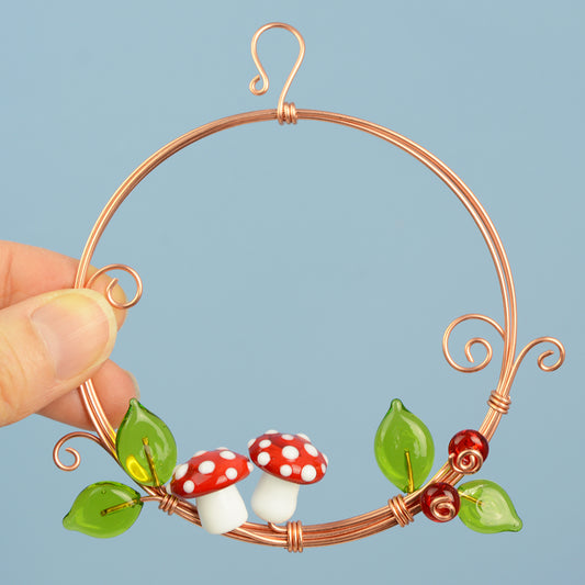 Miniature copper wreath with glass mushrooms, berries and leaves