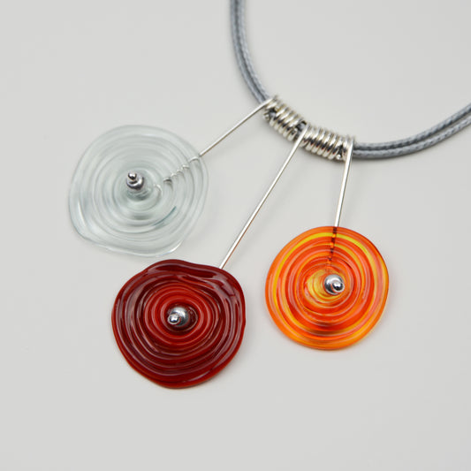 Spiral drop necklace in red, orange & grey, 3 bead