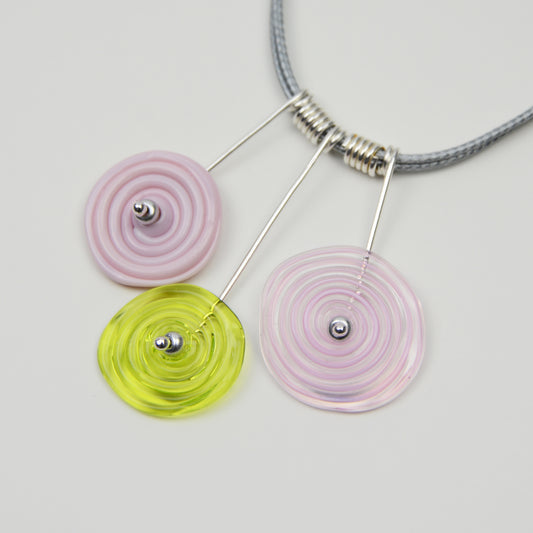 Spiral drop necklace in pink & lime green, 3 bead