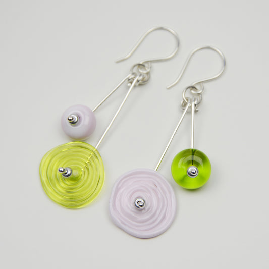 Spiral drop earrings in pink & lime green