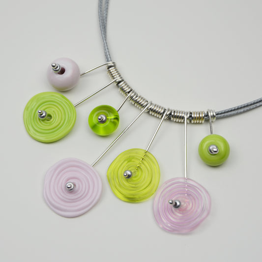 Spiral drop necklace in pink & lime green, 7 bead