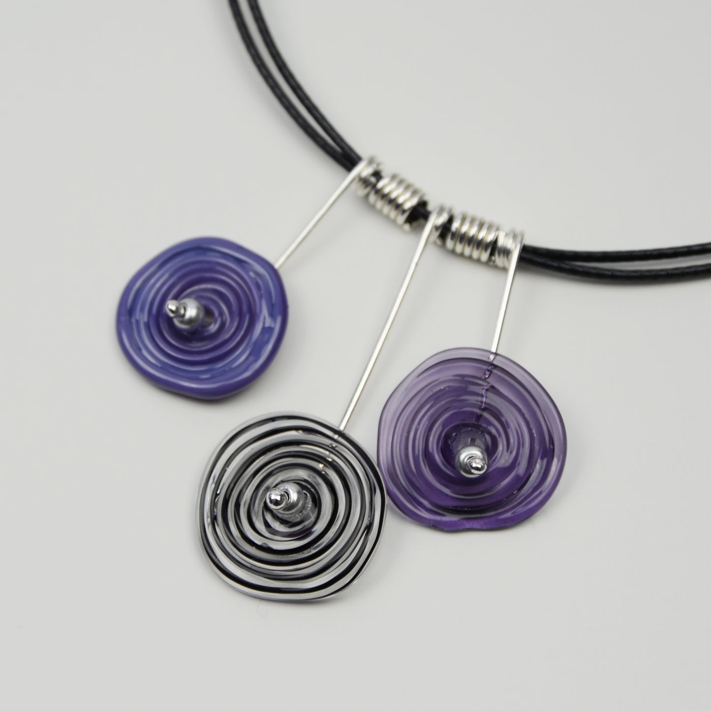 Spiral drop necklace in purple & black, 3 bead