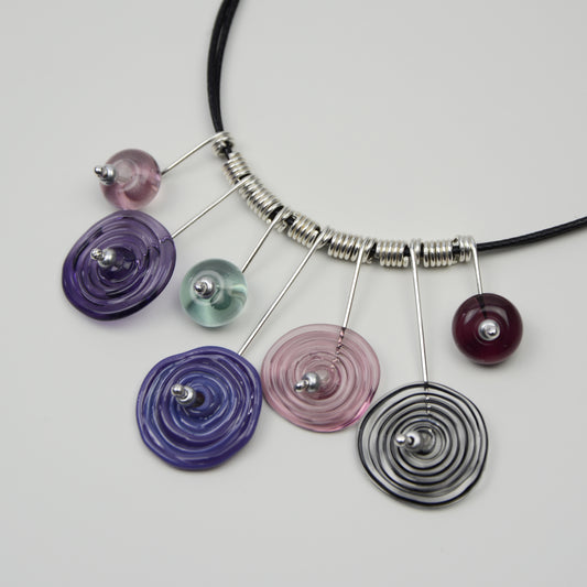 Spiral drop necklace in purple, black & grey, 7 bead