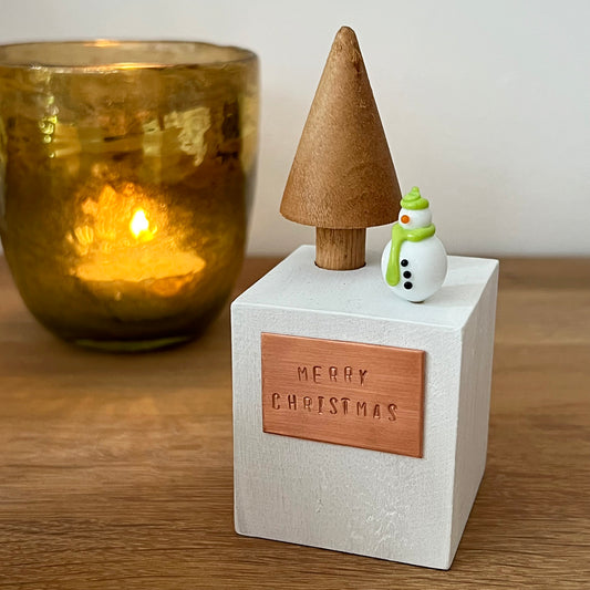 Glass Snowman Christmas Block Ornament