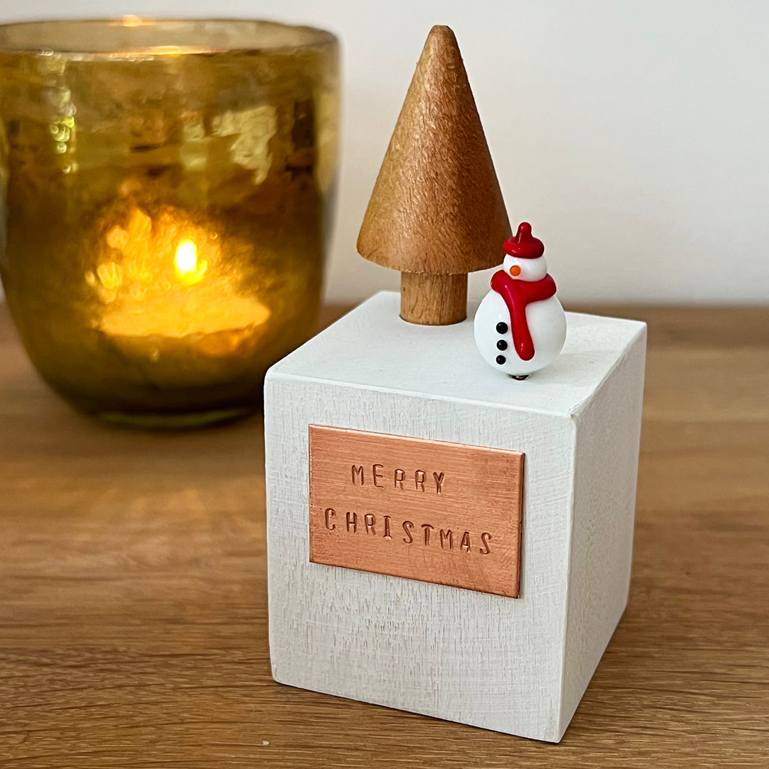 Glass Snowman Christmas Block Ornament