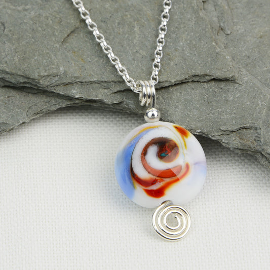 Multi coloured swirly lentil shaped glass bead pendant  on silver chain