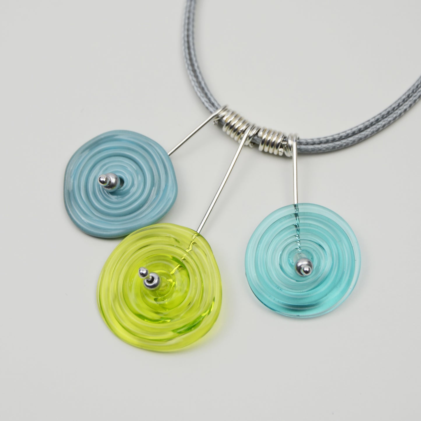 Spiral drop necklace in teal, turquoise & lime green, 3 bead