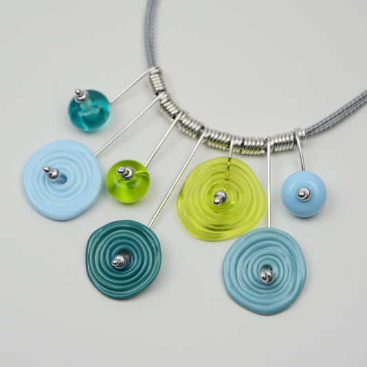 Spiral drop necklace in teal, turquoise & lime green, 7 bead