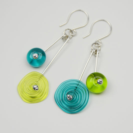 Spiral drop earrings in teal & lime green