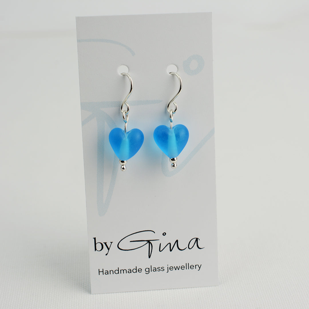 Heart shaped turquoise etched glass beads on silver drop earring hooks