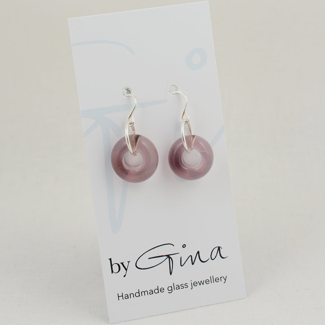 Doughnut shaped amethyst glass beads on silver drop earring hooks
