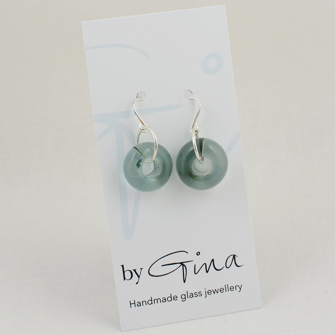 Doughnut shaped slate grey glass beads on silver drop earring hooks