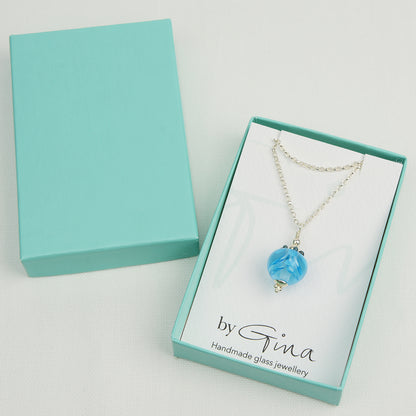 Turquoise glass beads imploded flower pendant on silver chain in turquoise gift box