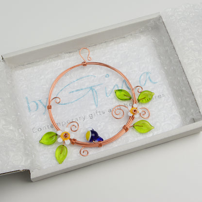 Miniature copper wreath with glass blue tit, flowers and leaves in white gift box