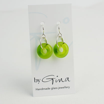 Lime green glass doughnut shaped beads on silver drop earrings