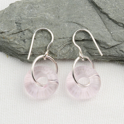 Doughnut shaped pale pink glass beads on silver drop earring hooks