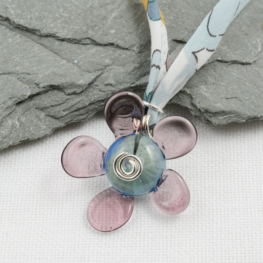 Purple and grey glass flower pendant on Liberty cord necklace