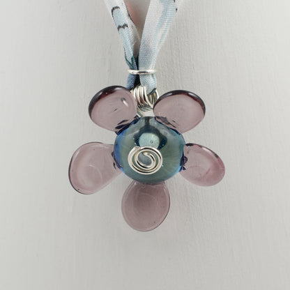 Purple and grey glass flower pendant on Liberty cord necklace