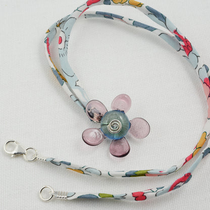 Purple and grey glass flower pendant on Liberty cord necklace