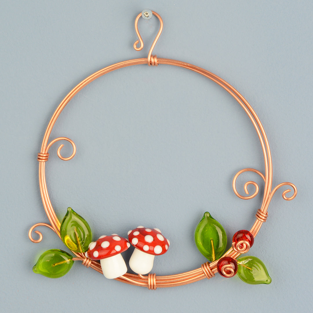 Miniature copper wreath with glass mushrooms, berries and leaves