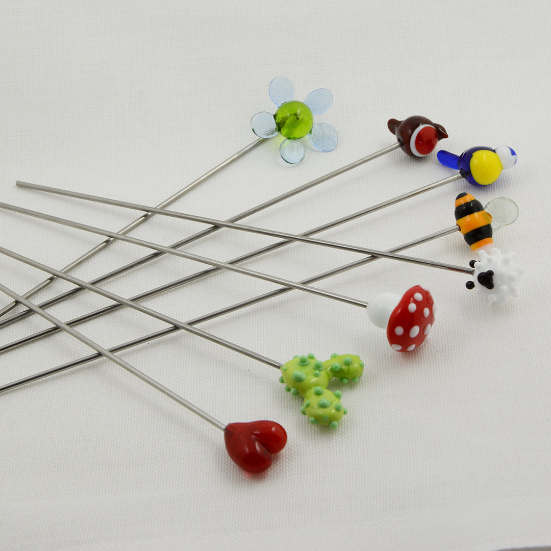 Mushroom, bee, flower, robin, cactus, sheep and bluetit glass plant stakes 