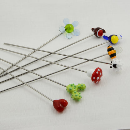 Mushroom, bee, flower, robin, cactus, sheep and bluetit glass plant stakes 