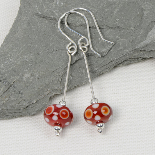 Red glass bead earrings with red & white spots