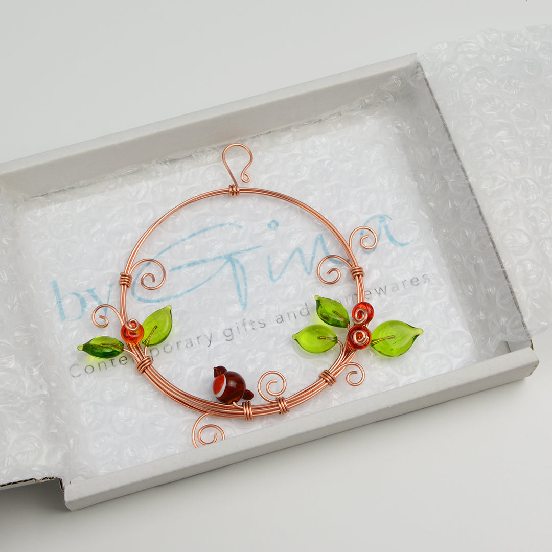 Miniature copper wreath with glass robin, berries and leaves in white gift box