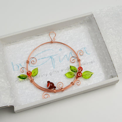 Miniature copper wreath with glass robin, berries and leaves in white gift box