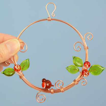 Miniature copper wreath with glass robin, berries and leaves