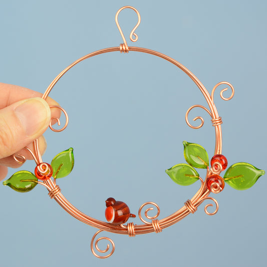 Miniature copper wreath with glass robin, berries and leaves