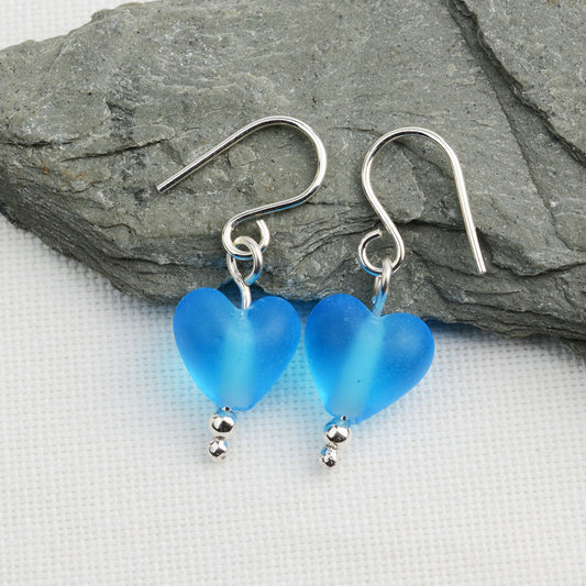 Heart shaped turquoise etched glass beads on silver drop earring hooks