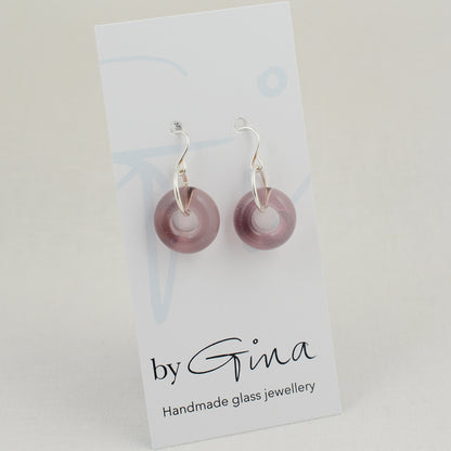 Doughnut shaped amethyst glass beads on silver drop earring hooks