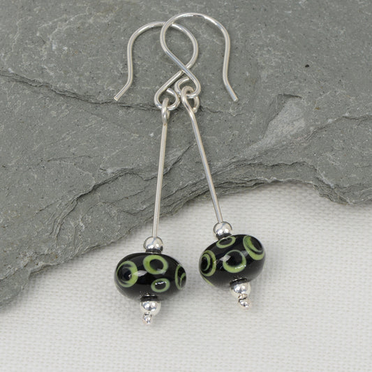Black & green layered spot glass bead earrings