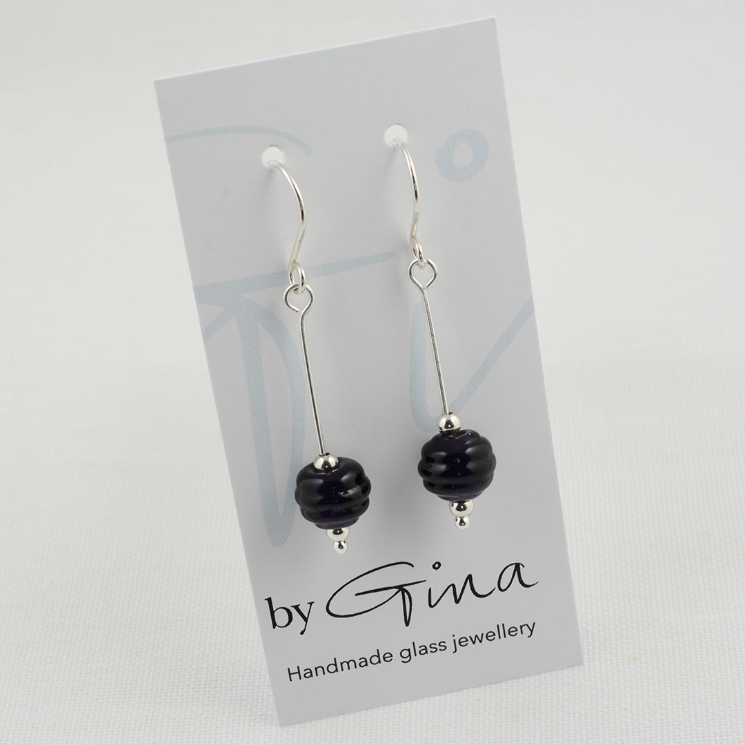 Beehive shaped deep purple glass beads on silver drop earring hooks