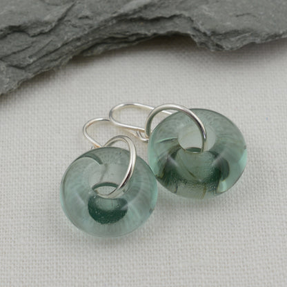 Doughnut shaped slate grey glass beads on silver drop earring hooks