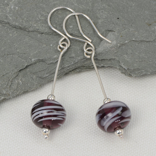 Purple and white swirl glass bead earrings