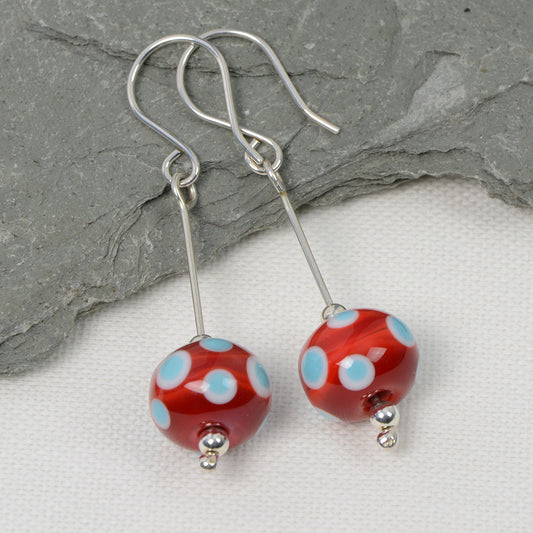 Red, blue & white layered spotted glass bead earrings