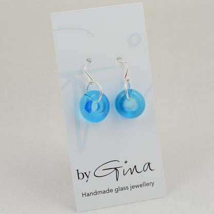 Doughnut shaped turquoise glass beads on silver drop earring hooks