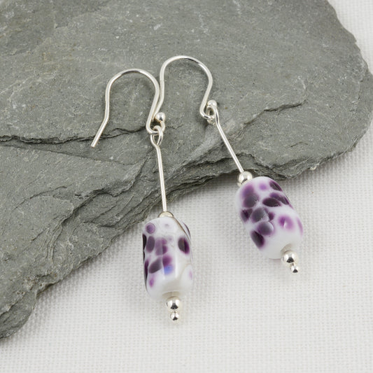 Drop silver earrings with purple frit barrel shaped beads