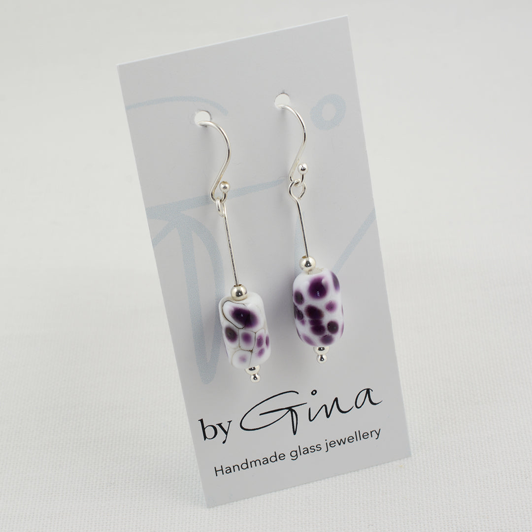 Drop silver earrings with purple frit barrel shaped beads