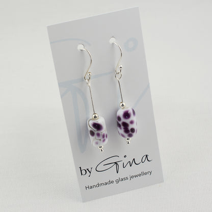 Drop silver earrings with purple frit barrel shaped beads